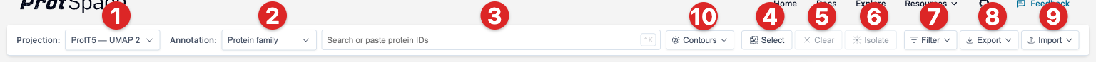 Control Bar - showing all buttons and dropdowns with numbered annotations