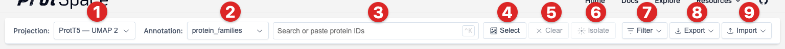 Control Bar - showing all buttons and dropdowns with numbered annotations
