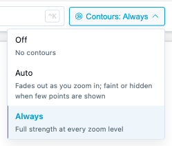 Contours menu open with Always selected, listing Off, Auto and Always